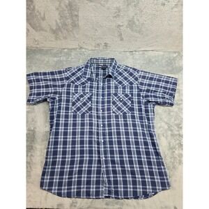 MWG Apparel Mens XL Short Sleeve Western Pearl Snap Plaid Shirt Navy Blue White